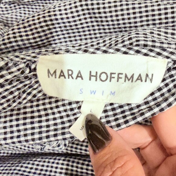 Mara Hoffman Swim Gingham Puff Sleeve Tie Back Mini Dress L Cotton Black White - Picture 5 of 12